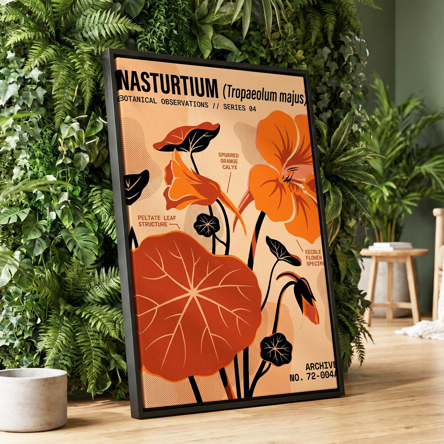 Nasturtium Field Notes, orange, beige, black floral wall art displayed in a styled interior, gallery view 1