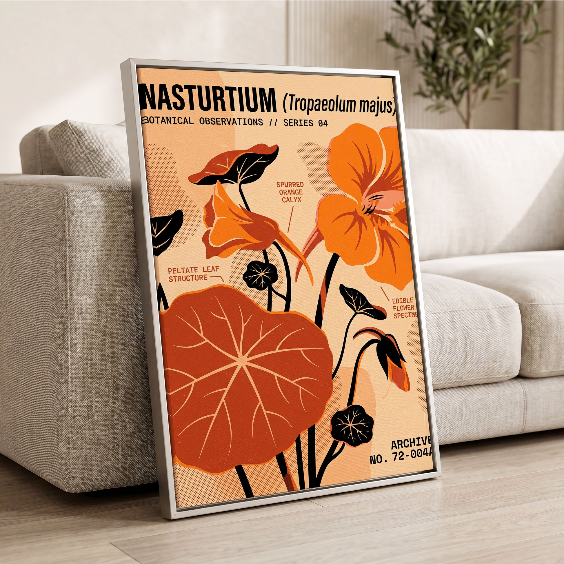 Nasturtium Field Notes, orange, beige, black floral wall art displayed in a styled interior, gallery view 2