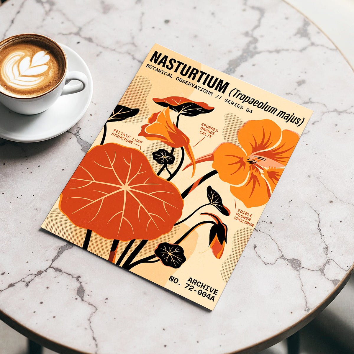 Nasturtium Field Notes, orange, beige, black floral wall art displayed in a styled interior, gallery view 3