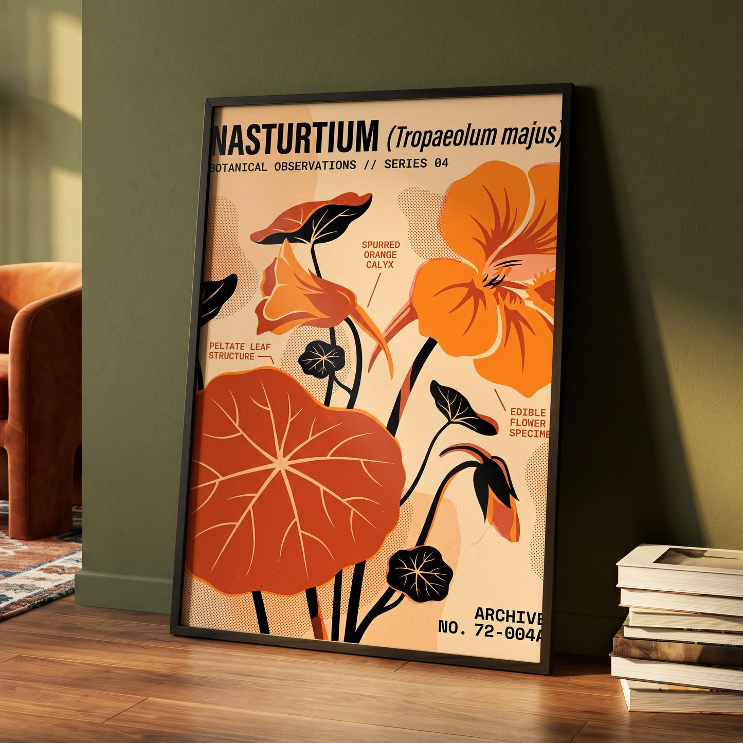 Nasturtium Field Notes, orange, beige, black floral wall art displayed in a styled interior, gallery view 4