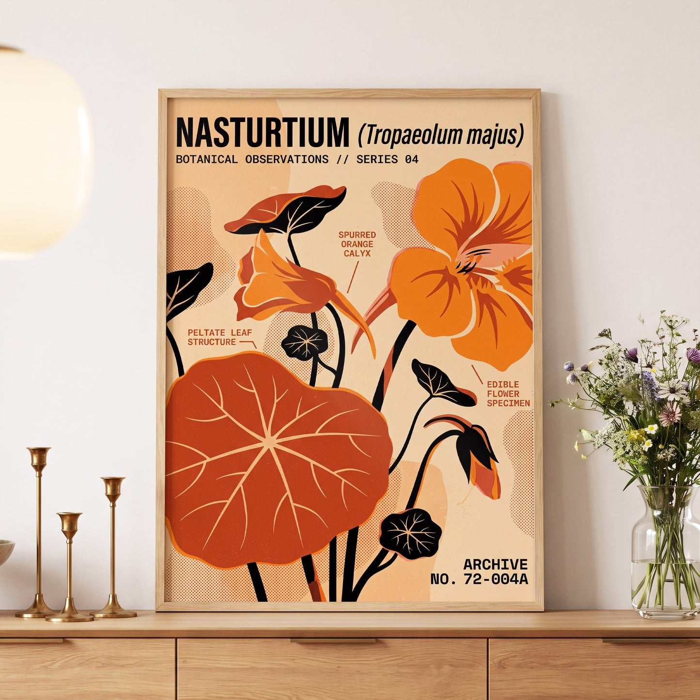 Nasturtium Field Notes, orange, beige, black floral wall art displayed in a styled interior, gallery view 5
