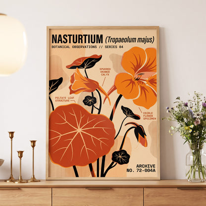 Nasturtium Field Notes, orange, beige, black floral wall art displayed in a styled interior, gallery view 5