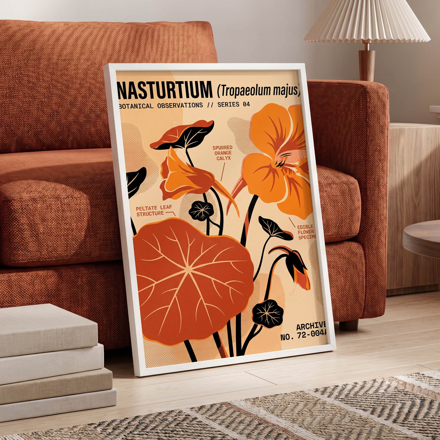 Nasturtium Field Notes, orange, beige, black floral wall art displayed in a styled interior, gallery view 6