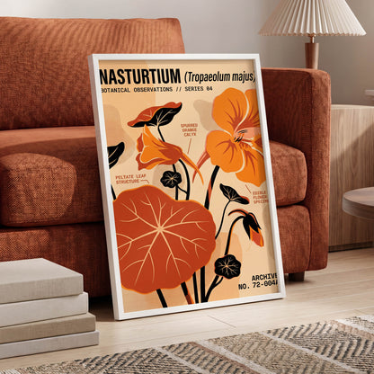 Nasturtium Field Notes, orange, beige, black floral wall art displayed in a styled interior, gallery view 6