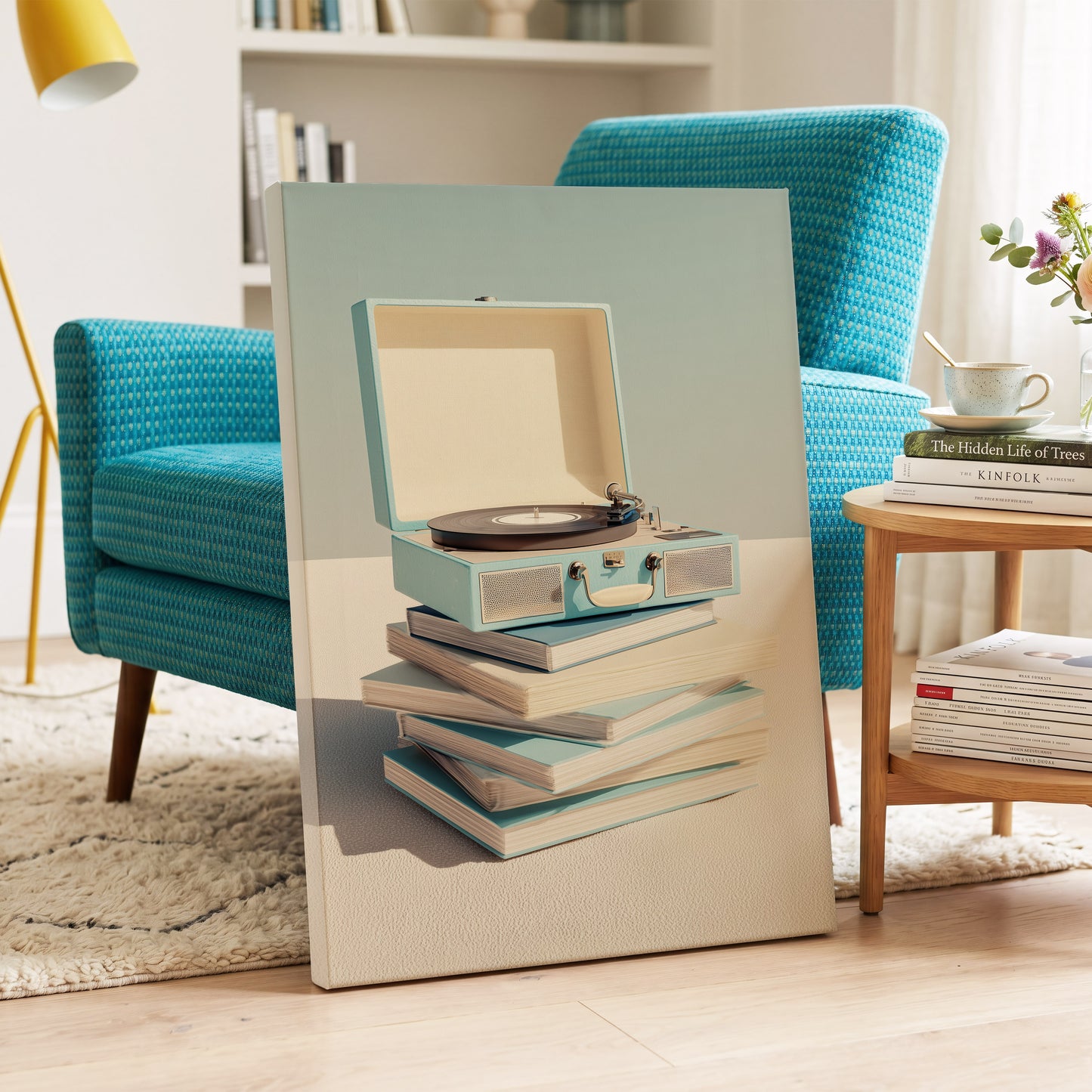Needle & Notebook, blue, beige, white minimalist wall art on canvas displayed in a styled interior, gallery view 2