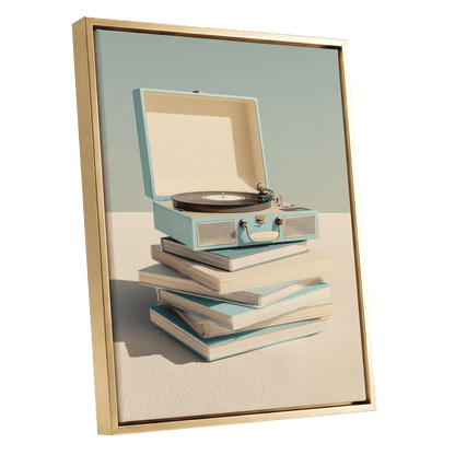 Needle & Notebook, blue, beige, white minimalist wall art shown as a gold framed canvas wall art