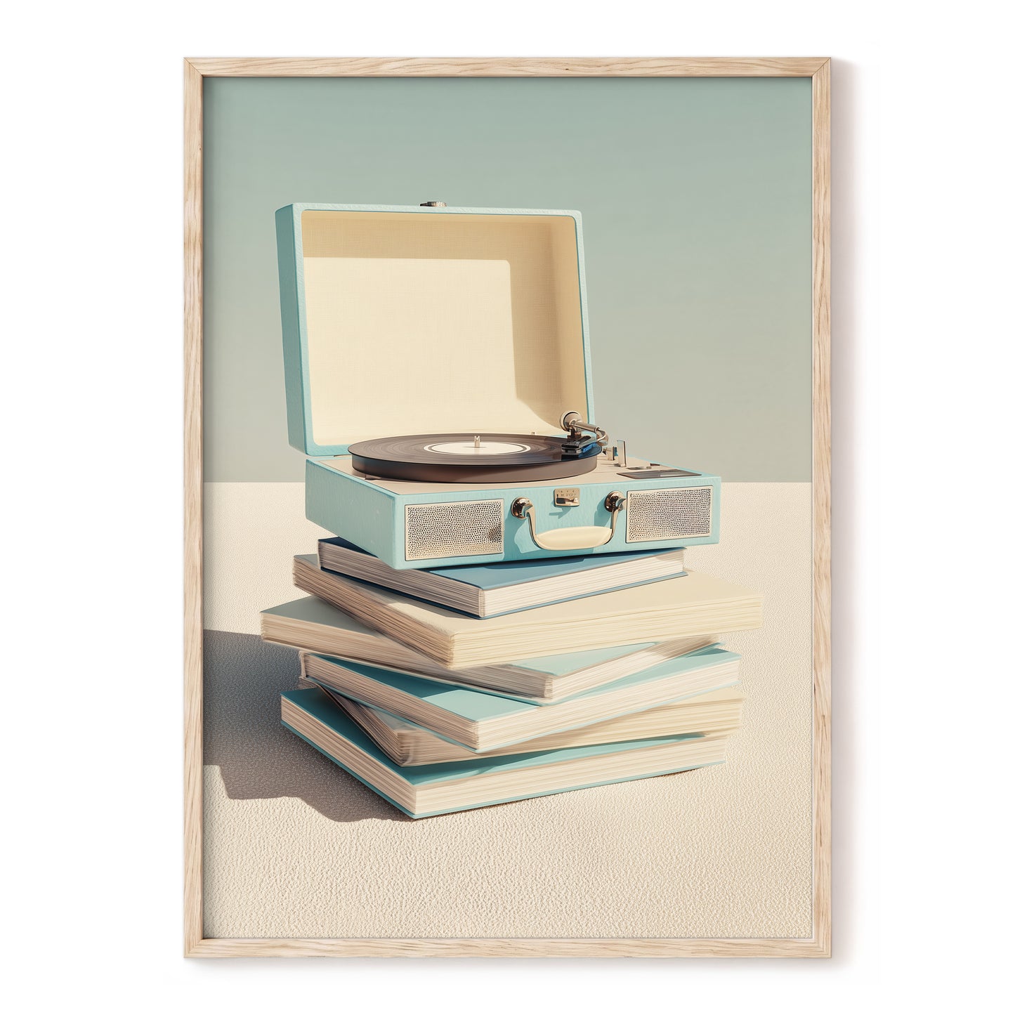 Needle & Notebook, blue, beige, white minimalist wall art, front artwork view