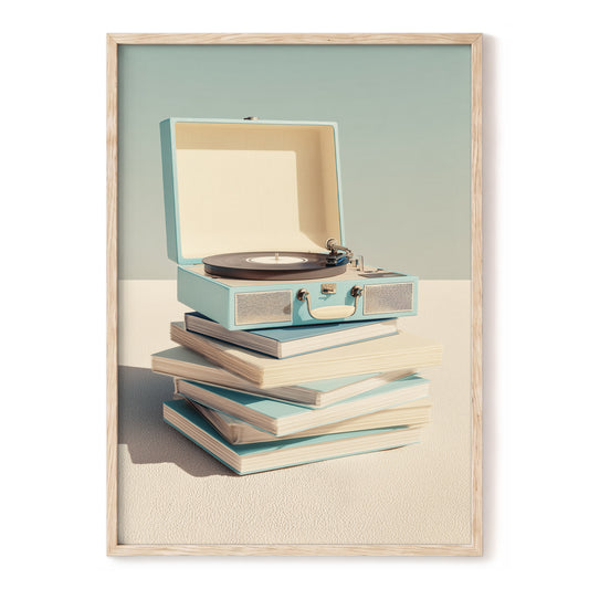Needle & Notebook, blue, beige, white minimalist wall art, front artwork view
