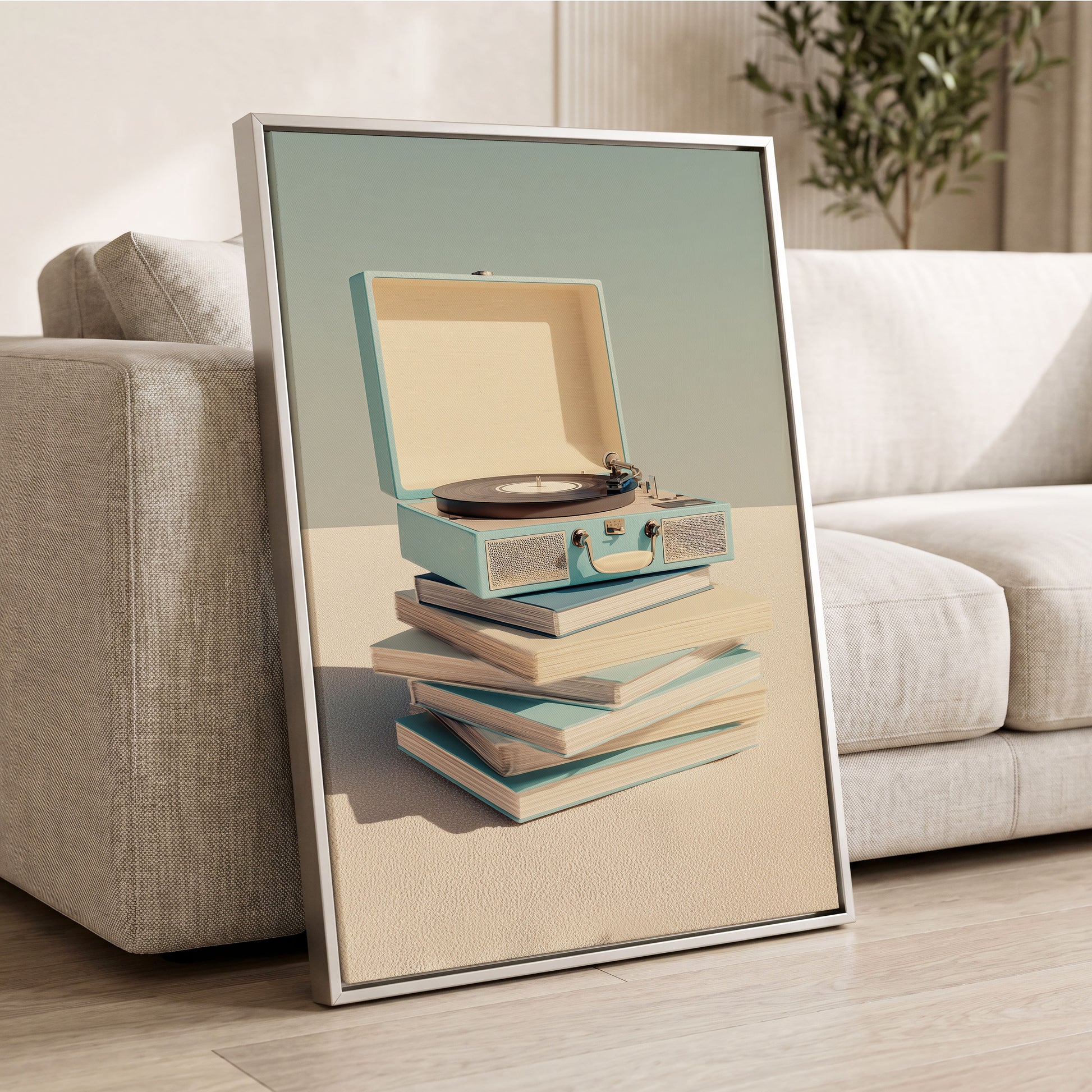 Needle & Notebook, blue, beige, white minimalist wall art displayed in a styled interior, gallery view 2