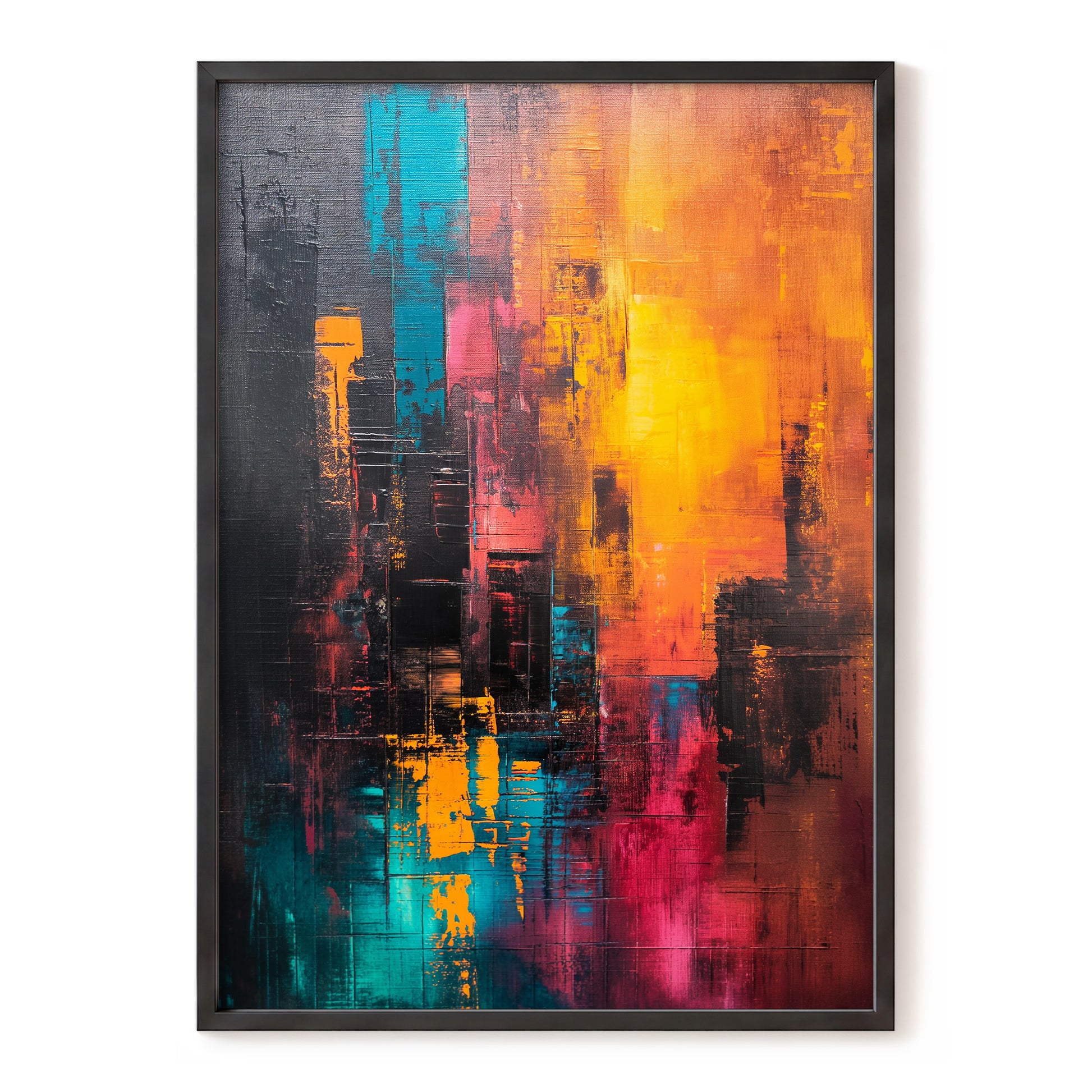Neon Afterglow, orange, black, blue abstract wall art, front artwork view