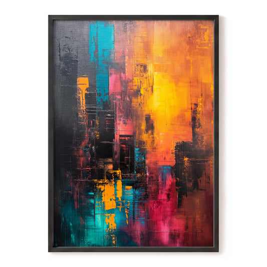 Neon Afterglow, orange, black, blue abstract wall art, front artwork view