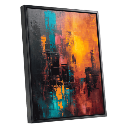 Neon Afterglow, orange, black, blue abstract wall art shown as a black framed canvas wall art