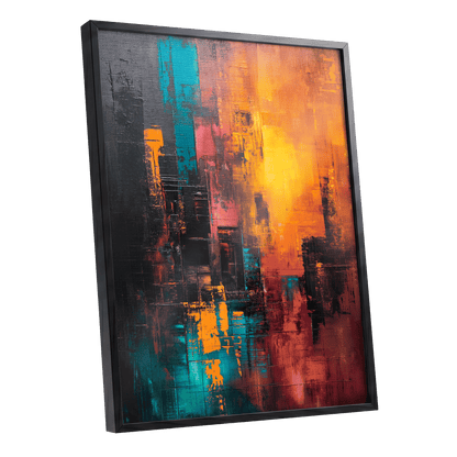 Neon Afterglow, orange, black, blue abstract wall art shown as a black framed poster wall art print