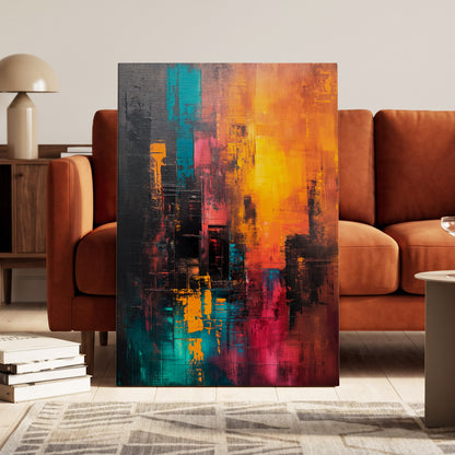 Neon Afterglow, orange, black, blue abstract wall art on canvas displayed in a styled interior, gallery view 1