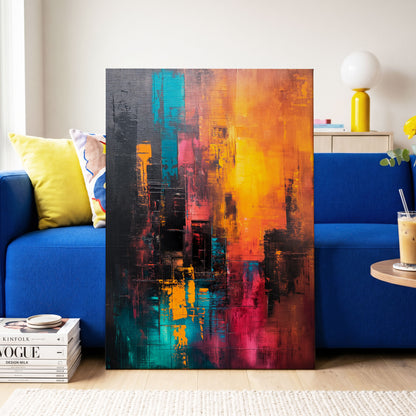 Neon Afterglow, orange, black, blue abstract wall art on canvas displayed in a styled interior, gallery view 2