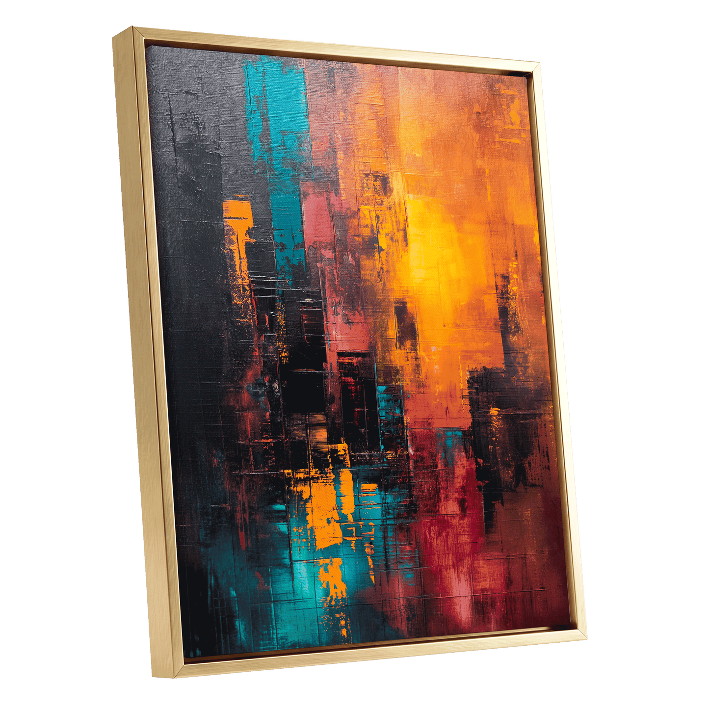 Neon Afterglow, orange, black, blue abstract wall art shown as a gold framed canvas wall art