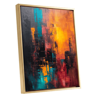 Neon Afterglow, orange, black, blue abstract wall art shown as a gold framed canvas wall art