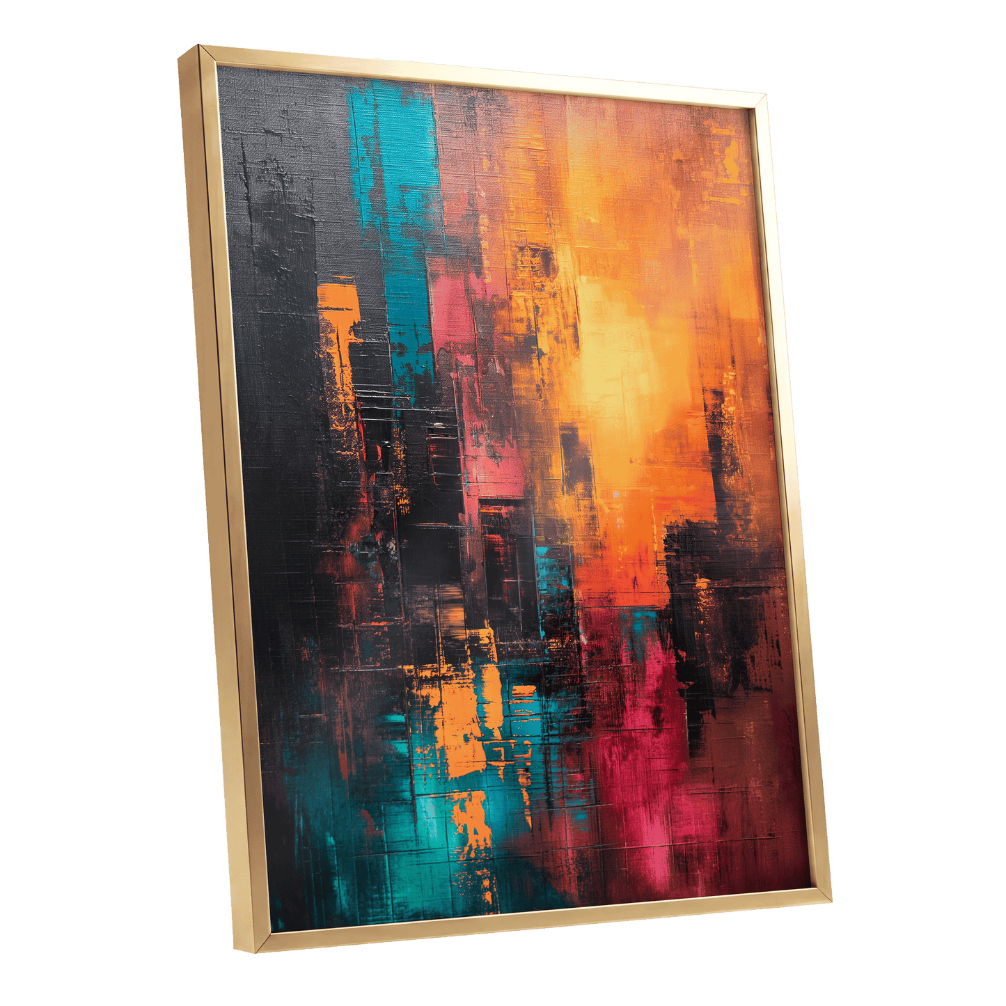 Neon Afterglow, orange, black, blue abstract wall art shown as a gold framed poster wall art print