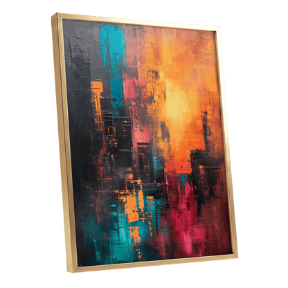 Neon Afterglow, orange, black, blue abstract wall art shown as a gold framed poster wall art print