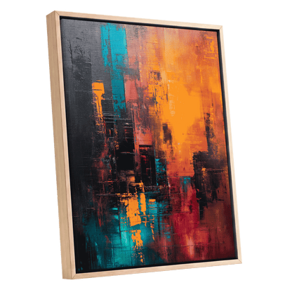Neon Afterglow, orange, black, blue abstract wall art shown as a oak framed canvas wall art