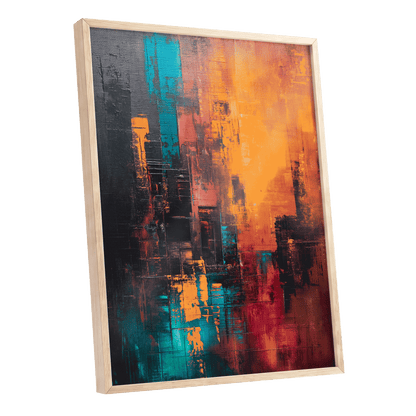 Neon Afterglow, orange, black, blue abstract wall art shown as a oak framed poster wall art print