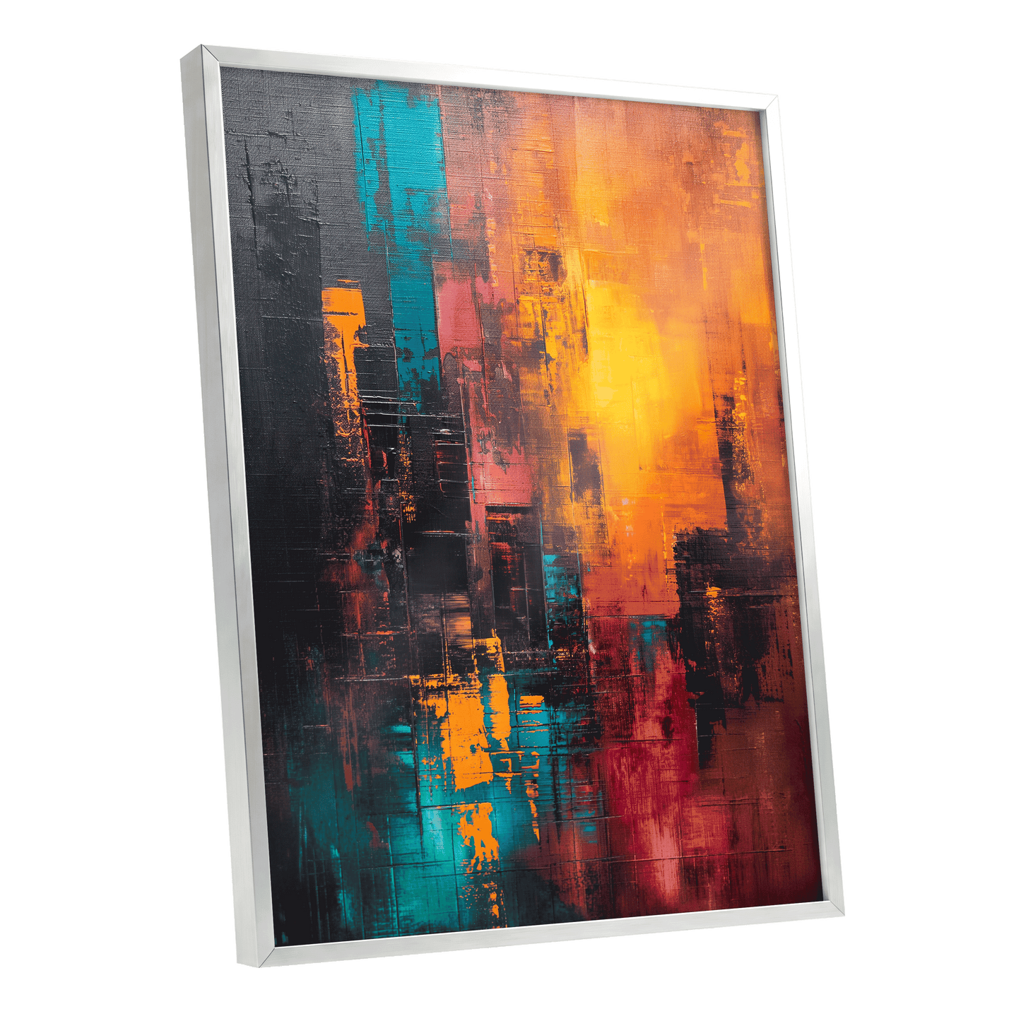 Neon Afterglow, orange, black, blue abstract wall art shown as a silver framed poster wall art print