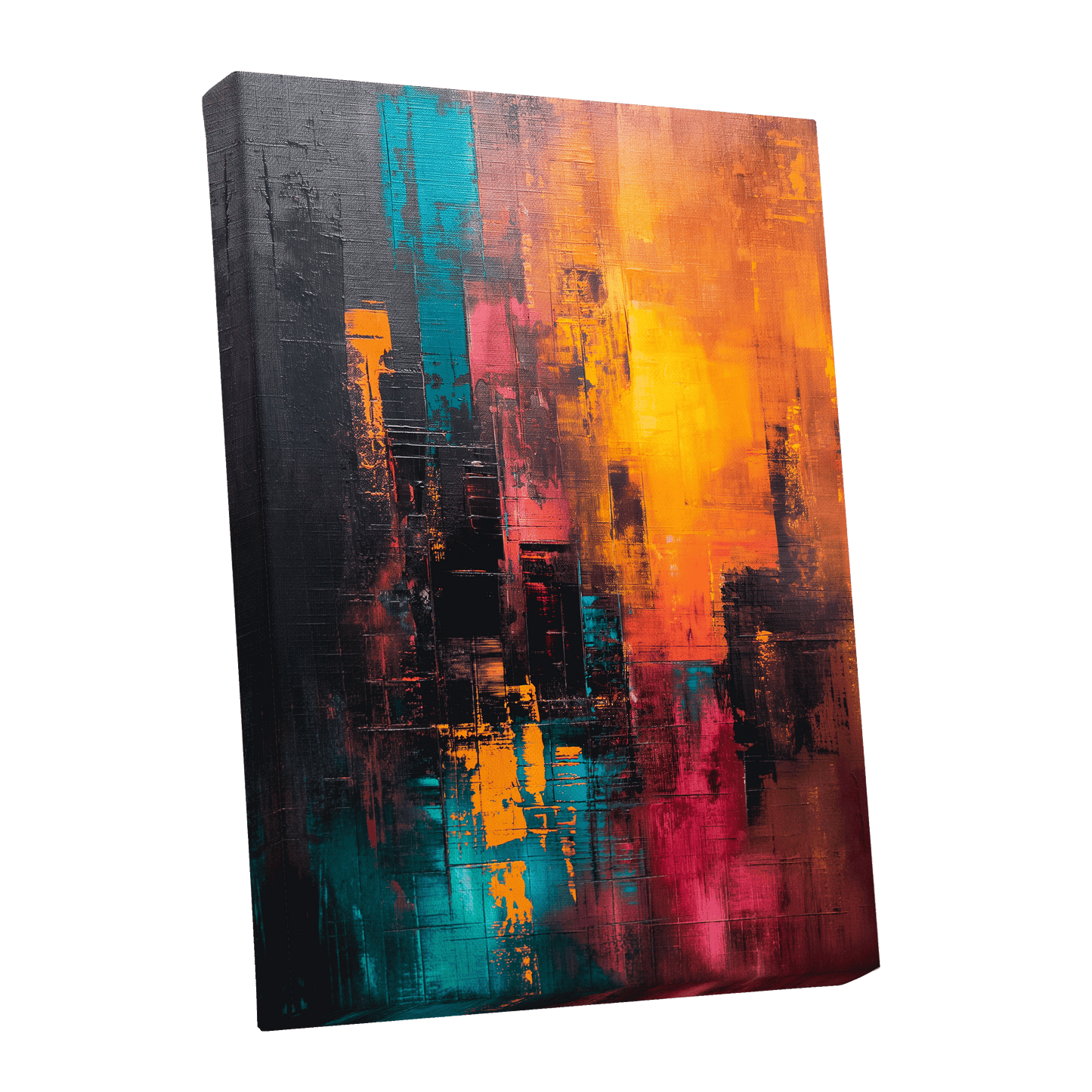Neon Afterglow, orange, black, blue abstract wall art shown as a stretched canvas wall art