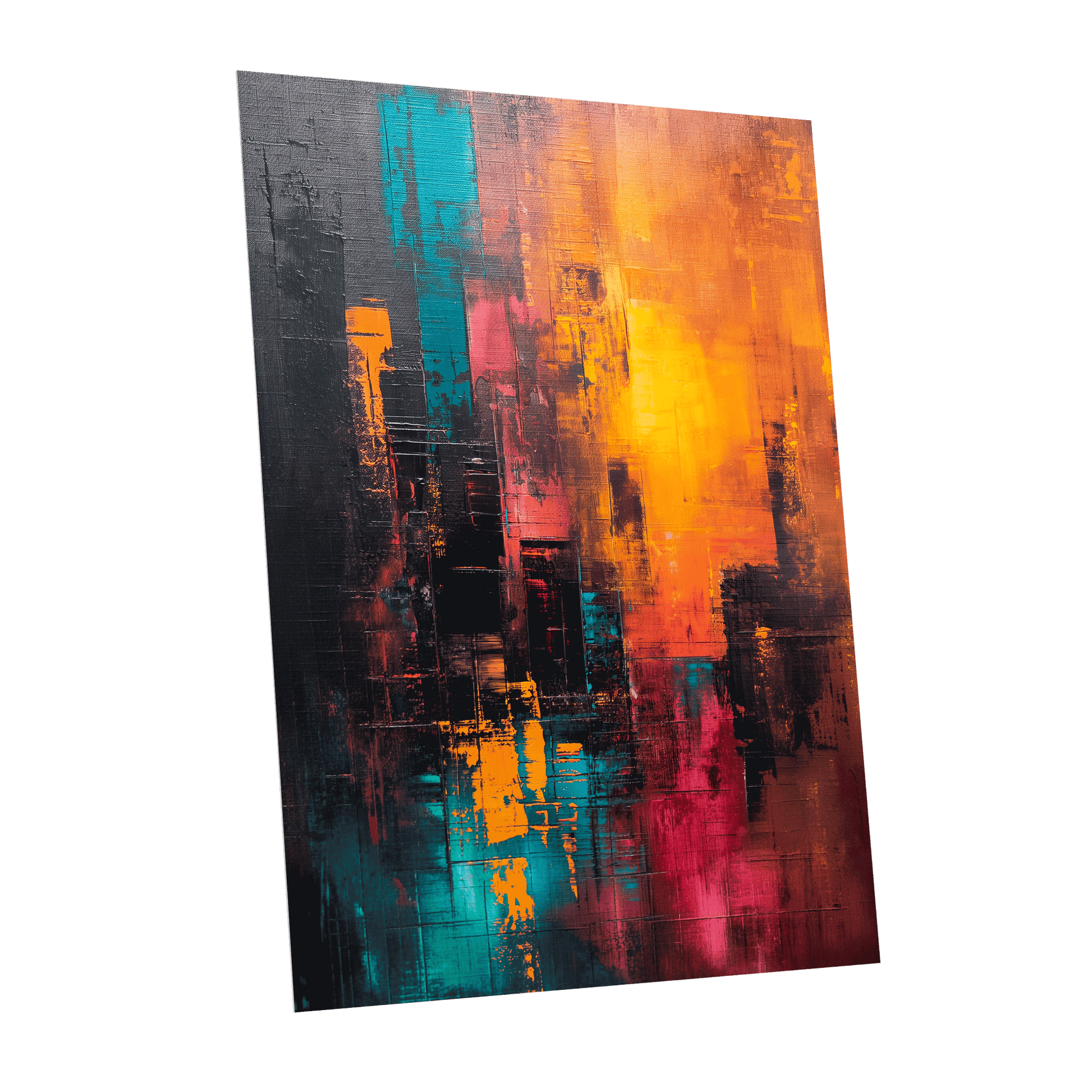 Neon Afterglow, orange, black, blue abstract wall art shown as a unframed poster wall art print