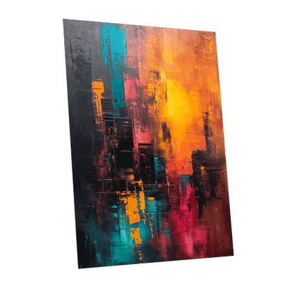Neon Afterglow, orange, black, blue abstract wall art shown as a unframed poster wall art print