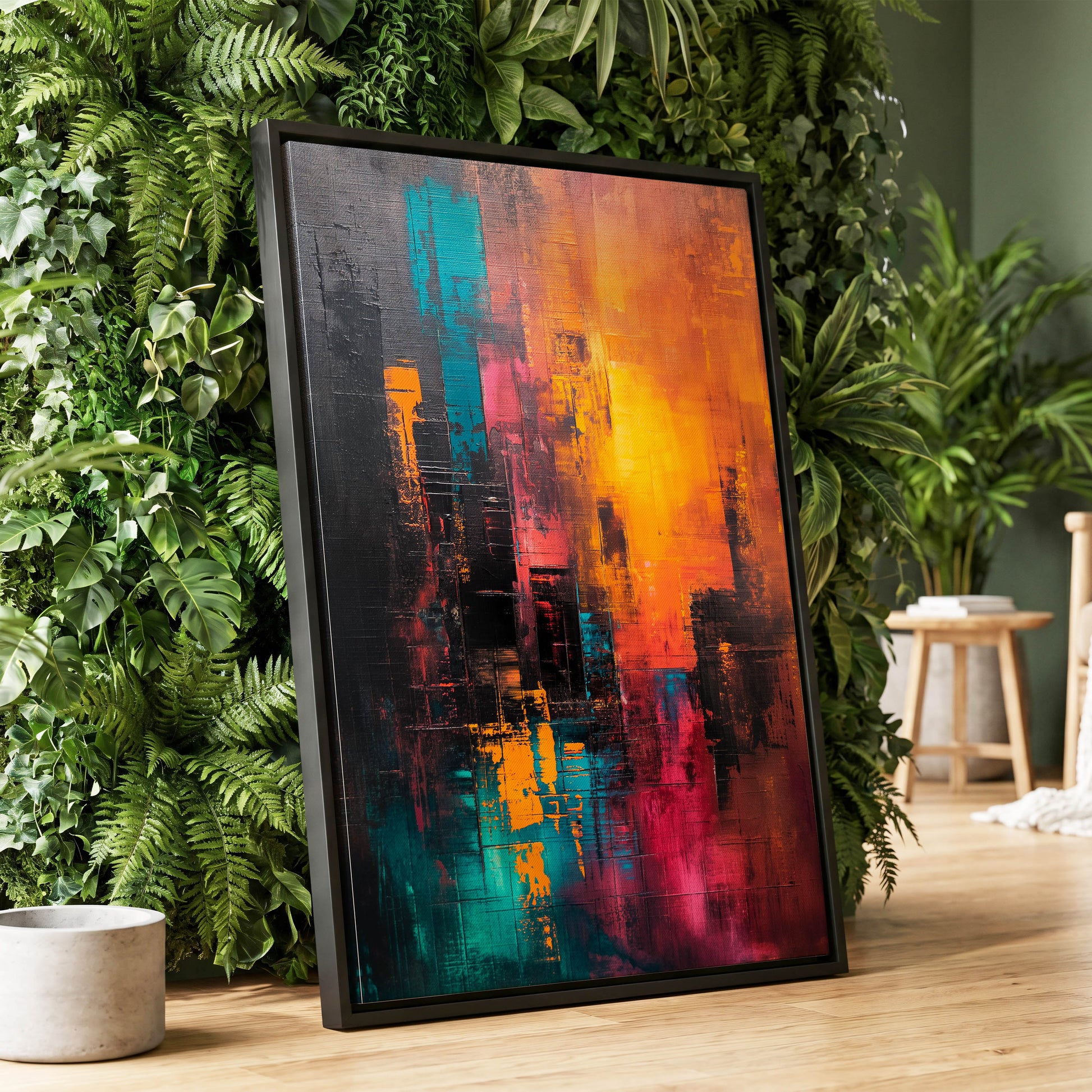 Neon Afterglow, orange, black, blue abstract wall art displayed in a styled interior, gallery view 1