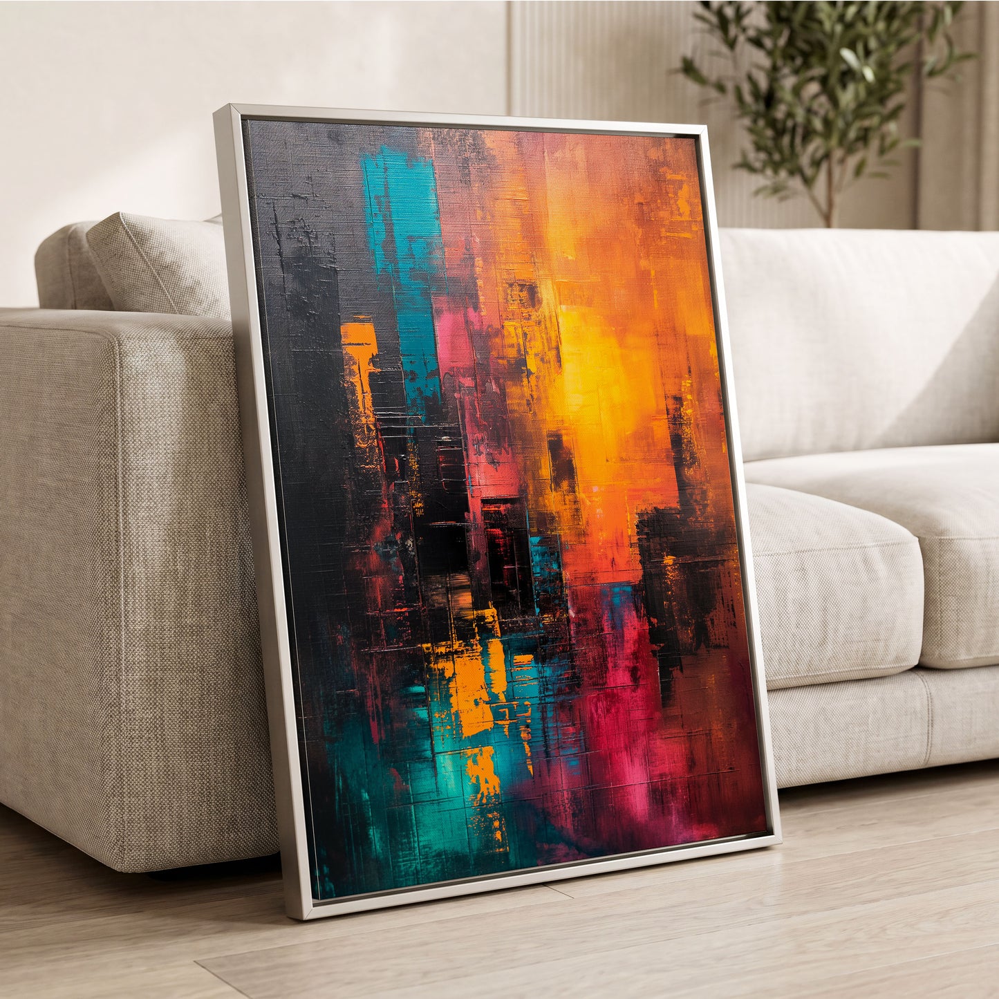Neon Afterglow, orange, black, blue abstract wall art displayed in a styled interior, gallery view 2