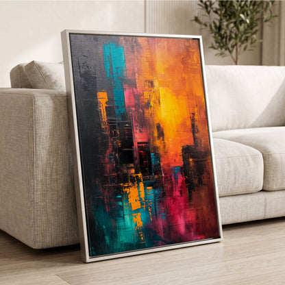 Neon Afterglow, orange, black, blue abstract wall art displayed in a styled interior, gallery view 2