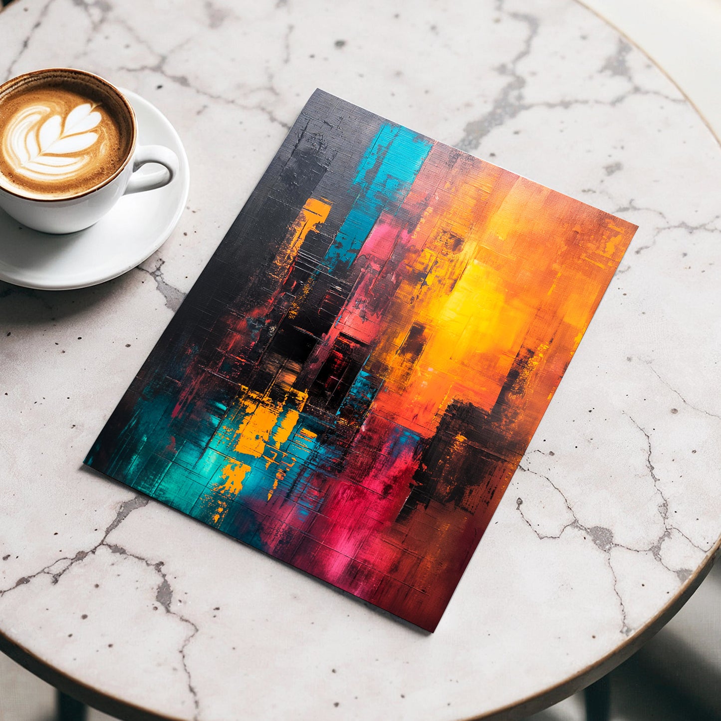 Neon Afterglow, orange, black, blue abstract wall art displayed in a styled interior, gallery view 3
