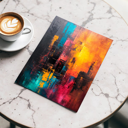 Neon Afterglow, orange, black, blue abstract wall art displayed in a styled interior, gallery view 3