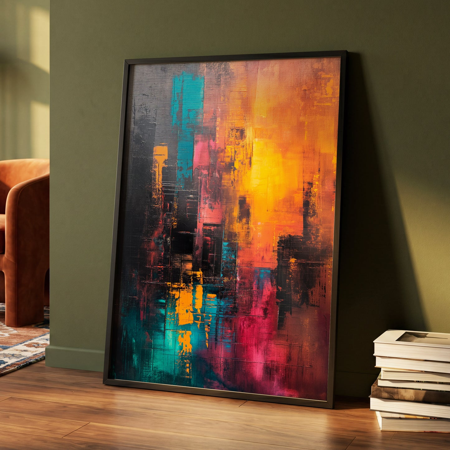Neon Afterglow, orange, black, blue abstract wall art displayed in a styled interior, gallery view 4