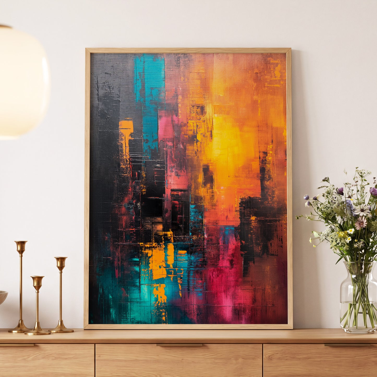 Neon Afterglow, orange, black, blue abstract wall art displayed in a styled interior, gallery view 5