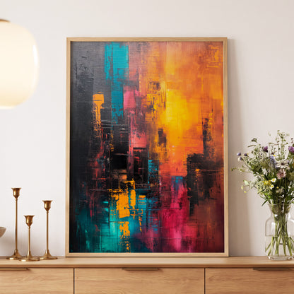 Neon Afterglow, orange, black, blue abstract wall art displayed in a styled interior, gallery view 5