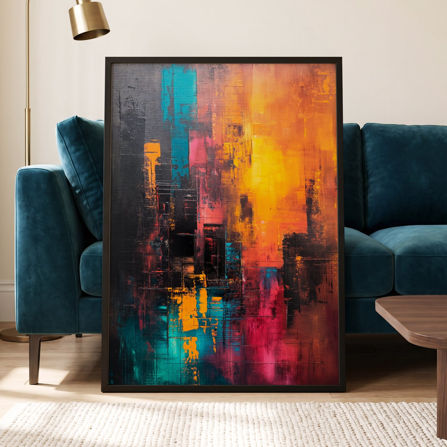 Neon Afterglow, orange, black, blue abstract wall art displayed in a styled interior, gallery view 6