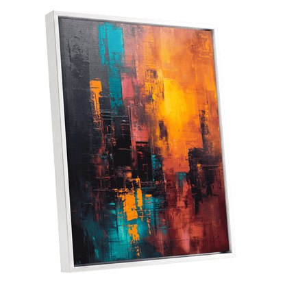 Neon Afterglow, orange, black, blue abstract wall art shown as a white framed canvas wall art