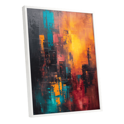 Neon Afterglow, orange, black, blue abstract wall art shown as a white framed poster wall art print