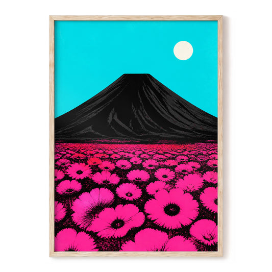 Neon Bloom Horizon, pink, black, blue floral wall art, front artwork view
