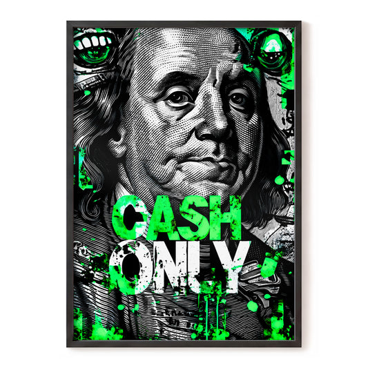 Neon Cash Portrait, black, green, white abstract wall art, front artwork view