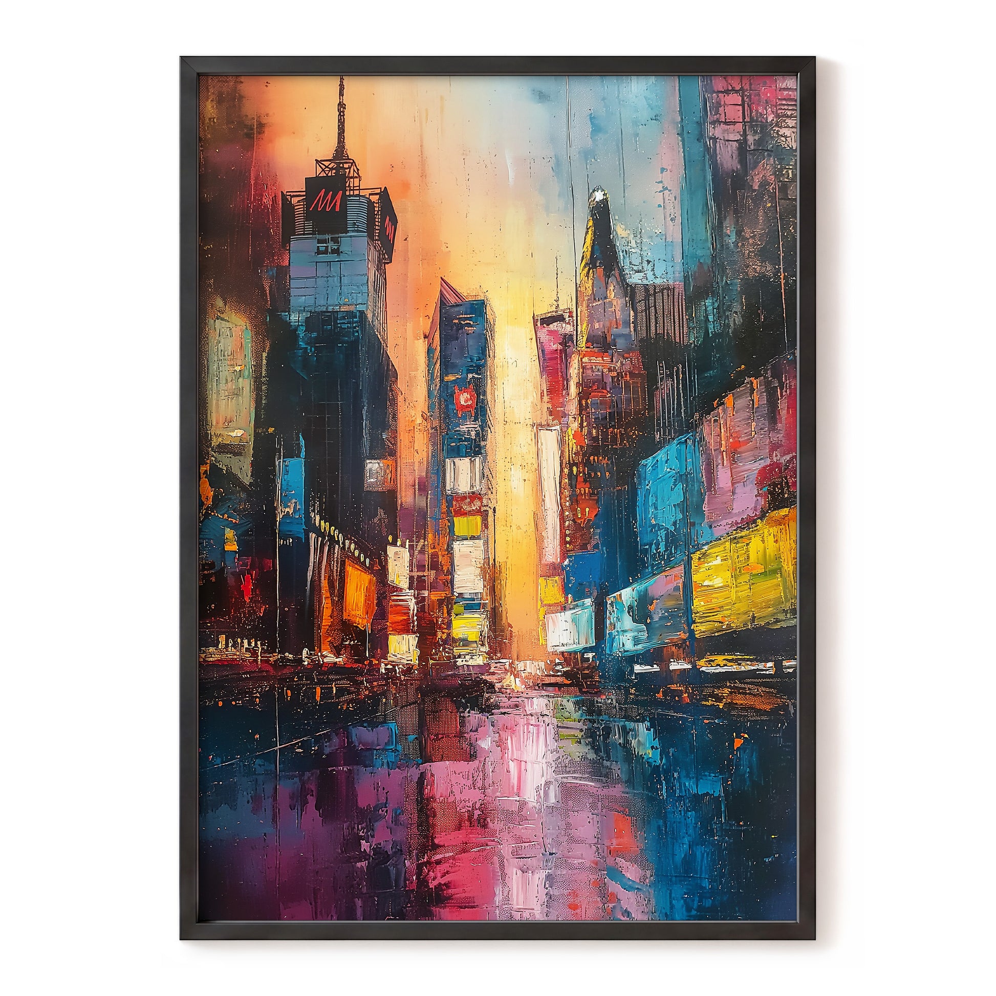 Neon City Afterglow, blue, orange, pink abstract wall art, front artwork view