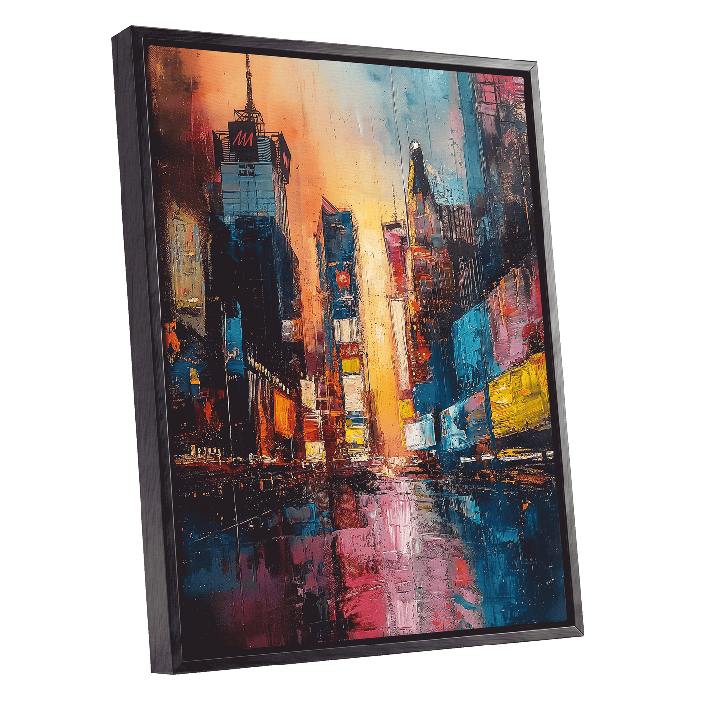 Neon City Afterglow, blue, orange, pink abstract wall art shown as a black framed canvas wall art