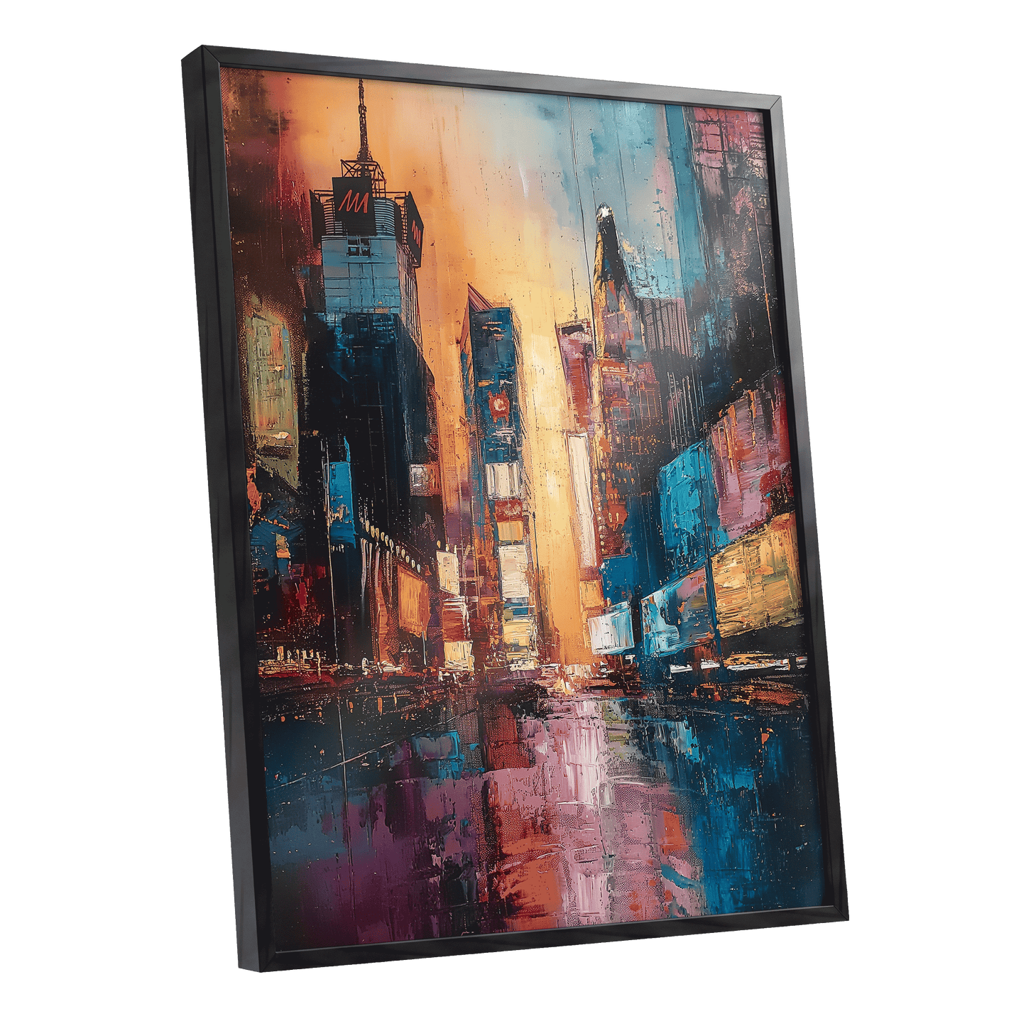 Neon City Afterglow, blue, orange, pink abstract wall art shown as a black framed poster wall art print