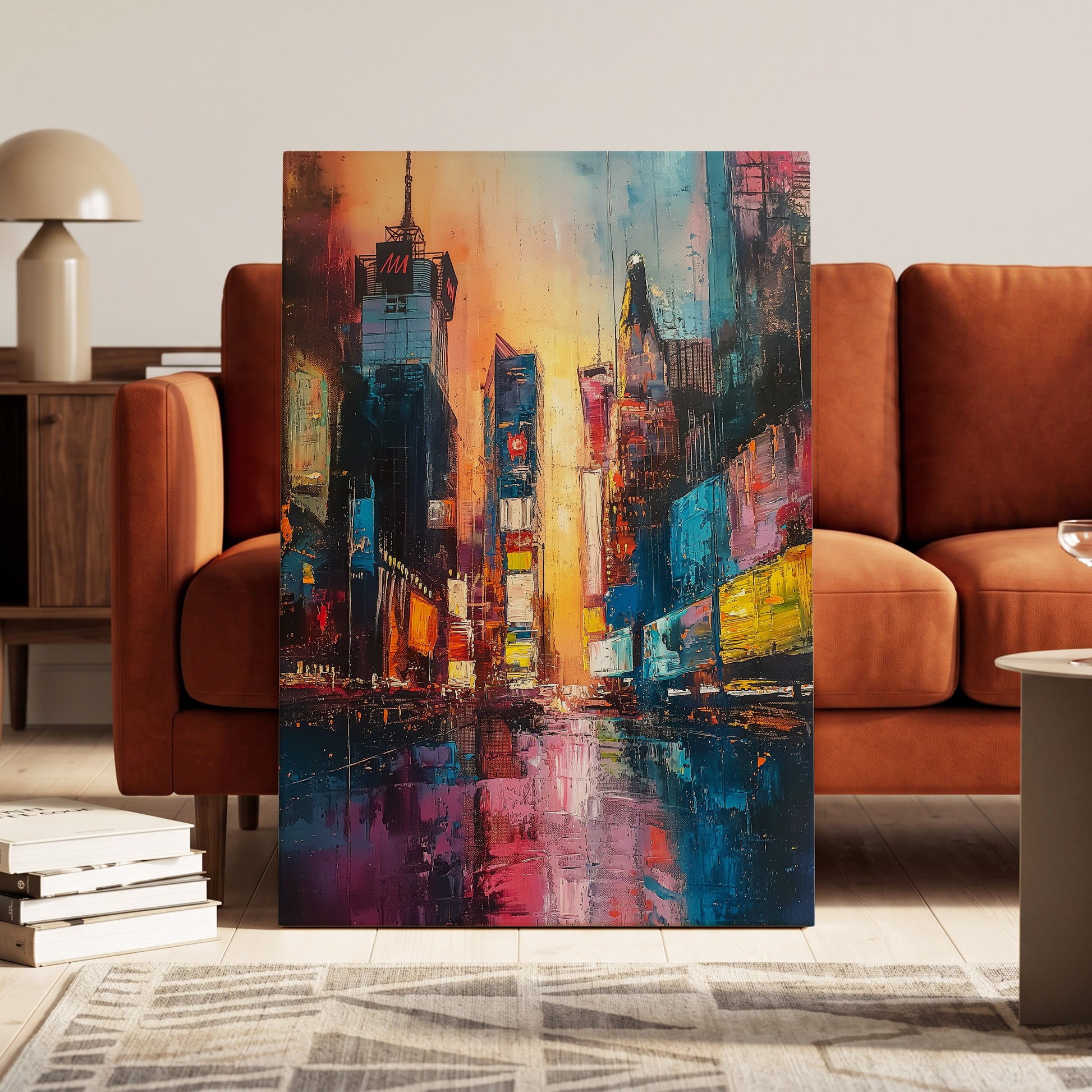 Neon City Afterglow, blue, orange, pink abstract wall art on canvas displayed in a styled interior, gallery view 1