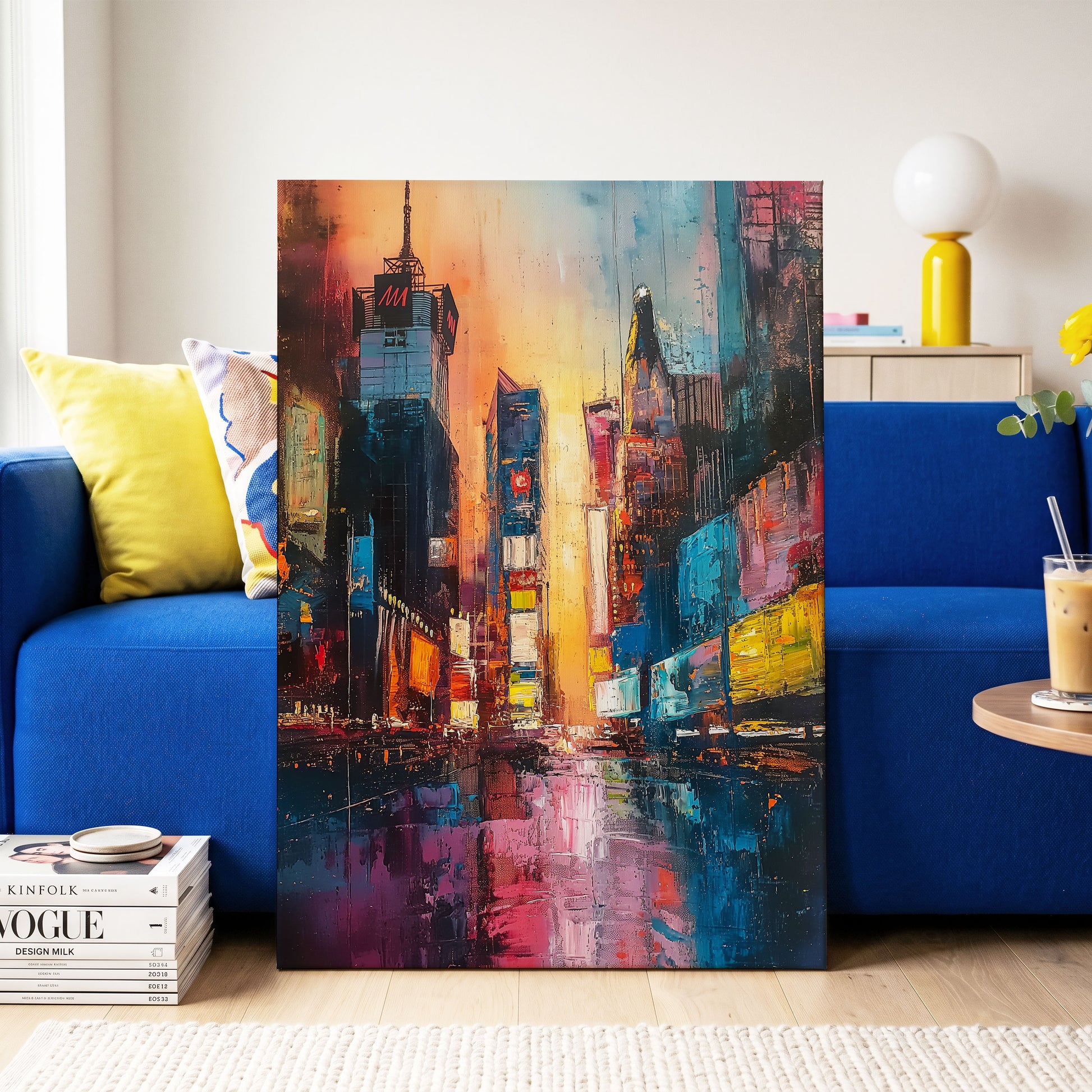 Neon City Afterglow, blue, orange, pink abstract wall art on canvas displayed in a styled interior, gallery view 2