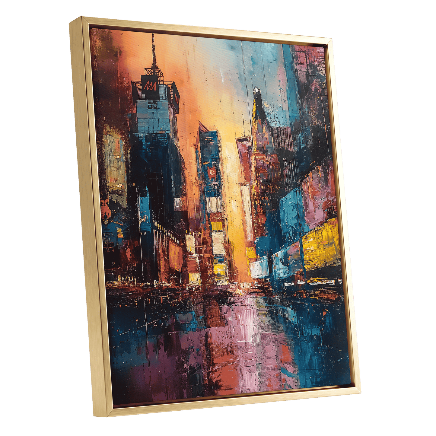 Neon City Afterglow, blue, orange, pink abstract wall art shown as a gold framed canvas wall art