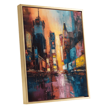 Neon City Afterglow, blue, orange, pink abstract wall art shown as a gold framed canvas wall art