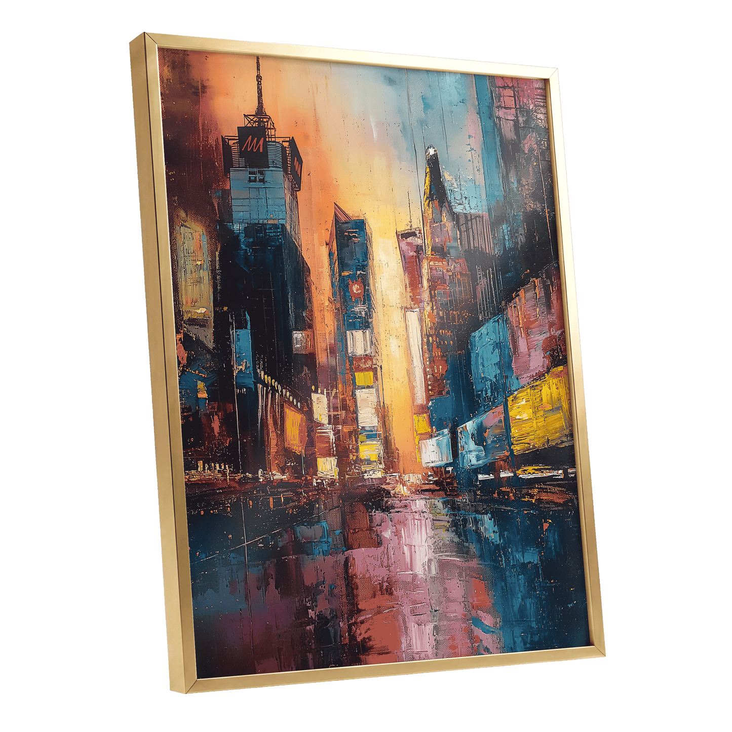 Neon City Afterglow, blue, orange, pink abstract wall art shown as a gold framed poster wall art print